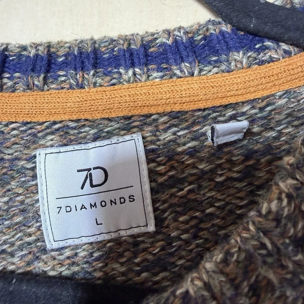 7 Diamonds Mens Sweater Large Knit Crewneck Gray Brown Blue‎ Wool Blend Casual